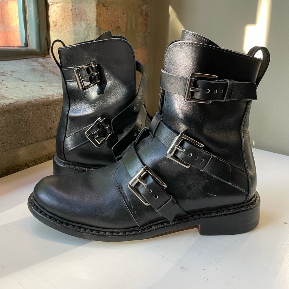 rag and bone Hudson Boots Moto Combat Booties Black Leather Buckles